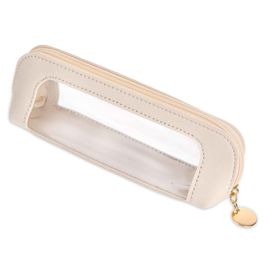 Psyqtsuary Small Clear Makeup Bag, PU Leather Travel Makeup Brush Case Portable Transparent Waterproof Cosmetic Organizer Pouch with Zipper for Women Home Travel Office Makeup Storage (White)