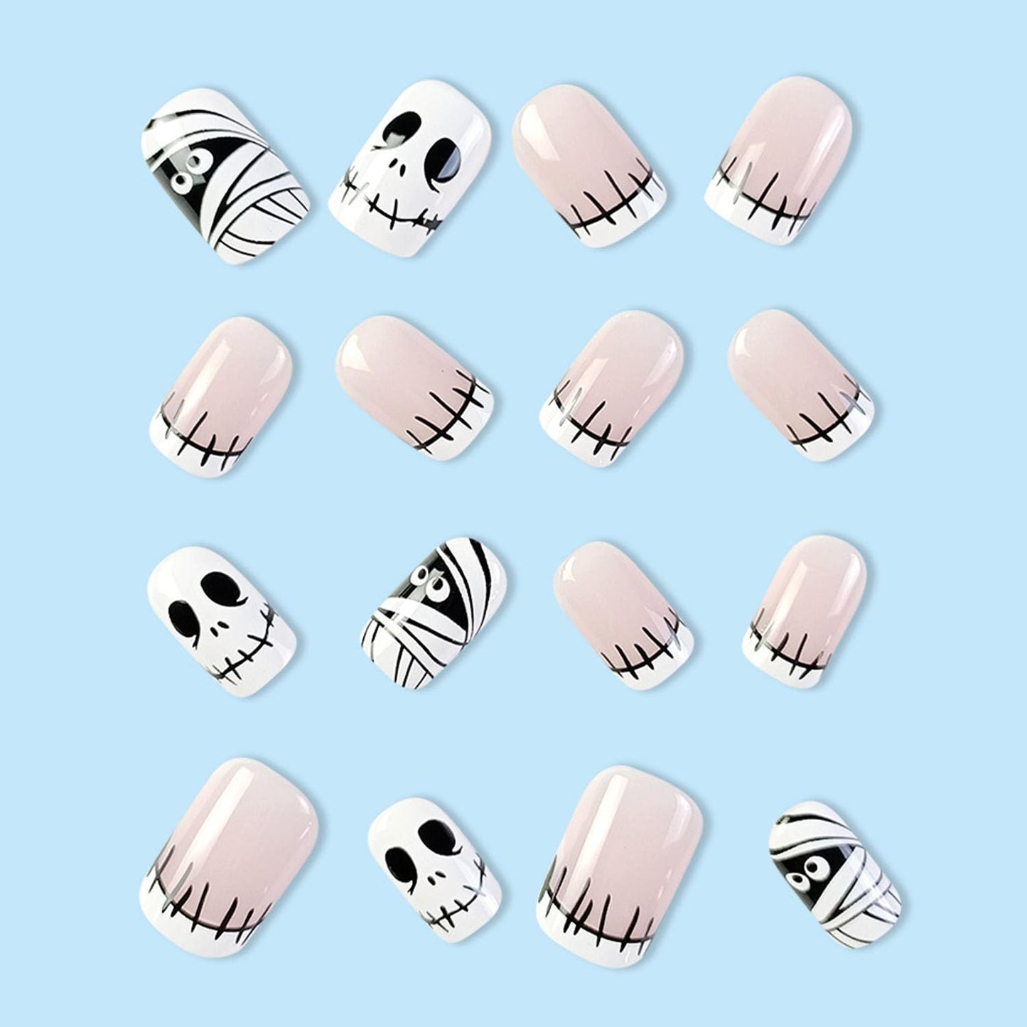 Halloween Press on Nails Short Fake Nails with Skull Designs Square White Full Cover Acrylic Nails Mummy Glue on Patches Nails Cute Halloween Stick on Nails for Women 24 Pcs