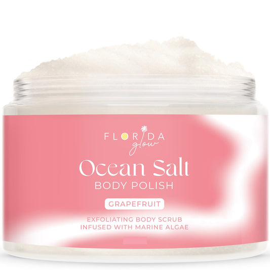 Sea Salt Body Scrub by Florida Suncare - Ocean Salt Body Polish Infused with Marine Algae - Exfoliating Face and Body Scrub - Facial Scrub Exfoliator to Tackle Acne (Grapefruit, 23.5 oz)