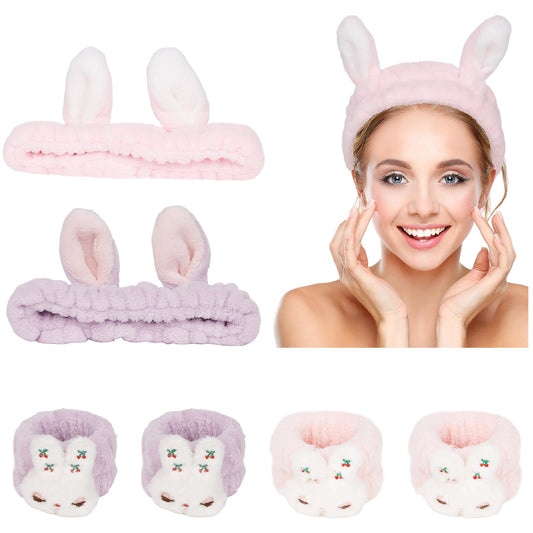 YISSION Bunny Ears Hairband Set, 6Pcs Face Wash Headbands and Wristbands for Women Girls Spa Skincare Makeup, Purple Pink