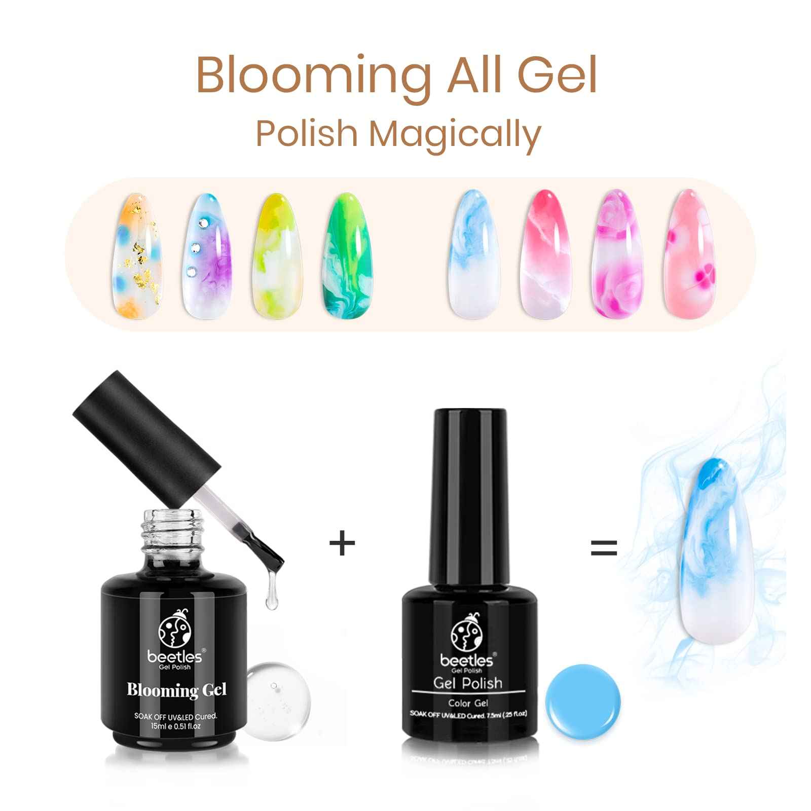Beetles Nail Blooming Gel 15ml Clear Uv Led Blossom Gel and 2 Pcs 15ml Black White Colors Gel Polish Set