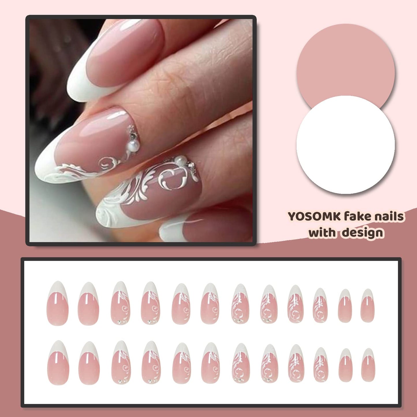 YOSOMK French Tip Press on Nails Medium Almond Fake Nails with Flower Design Nude Stick on Artificial Nails Glossy Glue on False Nails for Women