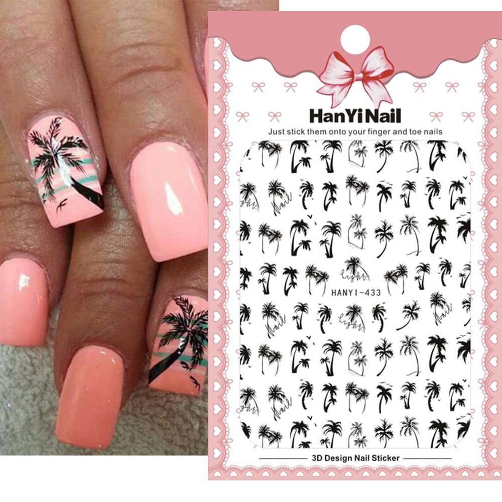 Summer Coconut Tree Nail Stickers Palm Tree Leaf Designer Nail Decals for Summer Nails Art Decorations Supplies 3D Self-Adhesive Black Gray Tropical Style Summer Nail Art Stickers for Women, 6Sheets