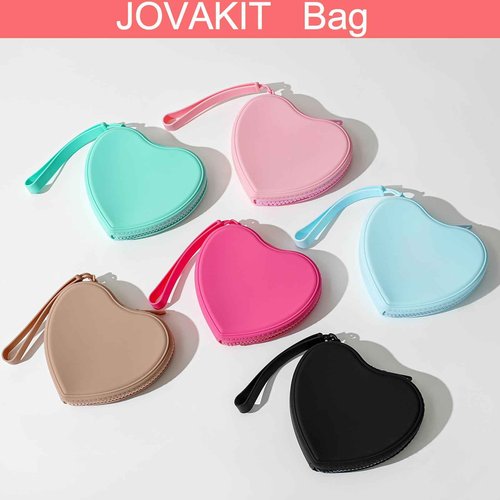 JOVAKIT Small Heart Shaped Portable Silicone Makeup Bag for Women, Travel Waterproof Cosmetic Bag Gifts for Women Girls, Zipper Closure Makeup Case with Handle (Pink)