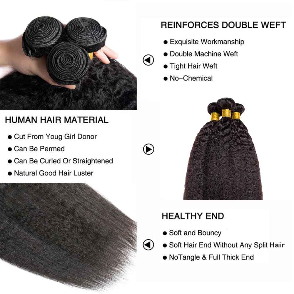Yaki Straight Human Hair Bundles Kinky Straight Bundles Natural Black Color Double Weft 14 16 18 Inch Yaki Bundle Brazilian Virgin Remy Hair Extensions Quick Weave For Women Deals