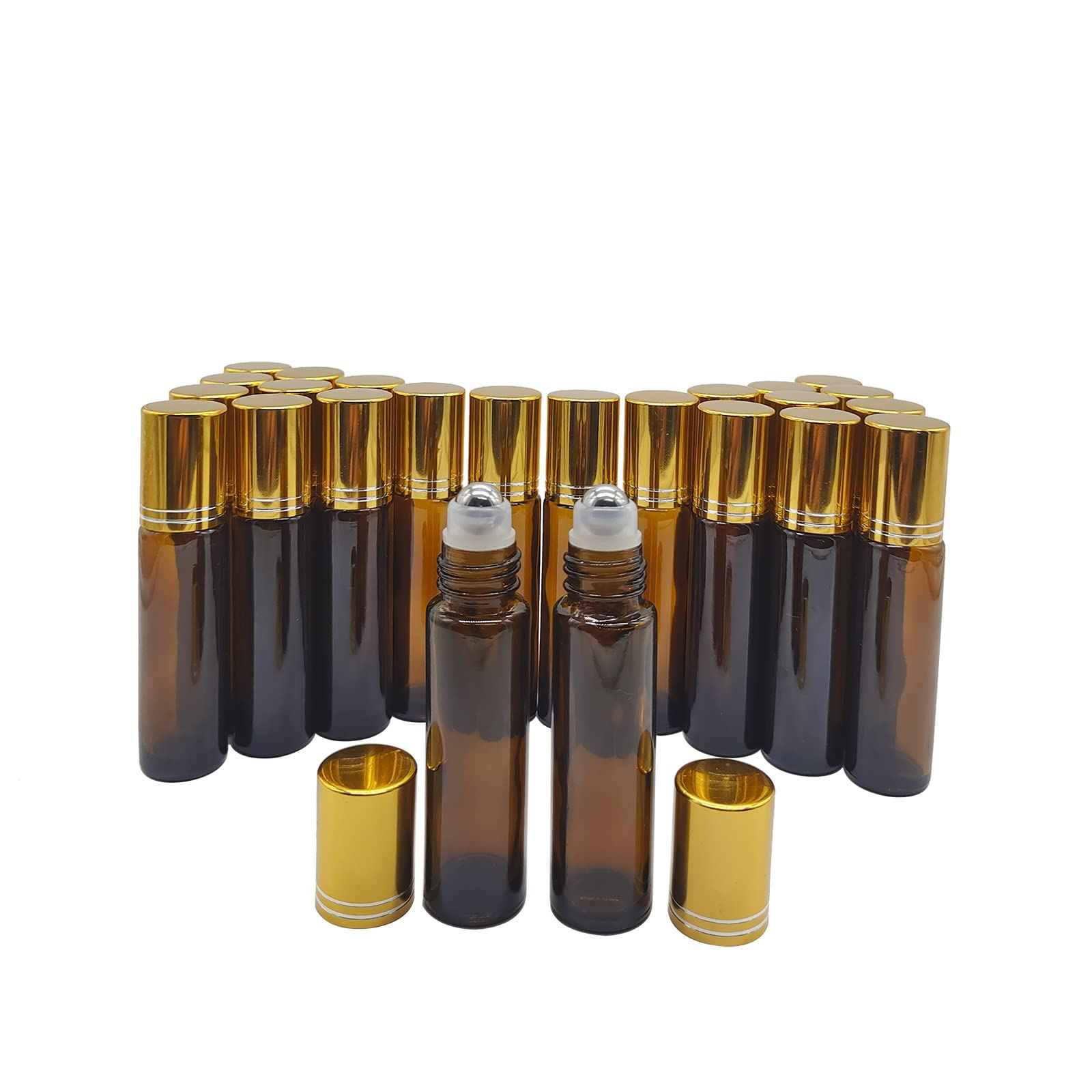 BEGIKET 24 Pack Essential Oil Roller Bottles, 10ml Amber Glass Roll-on Bottles with Stainless Steel Roller Balls and Gold Cap