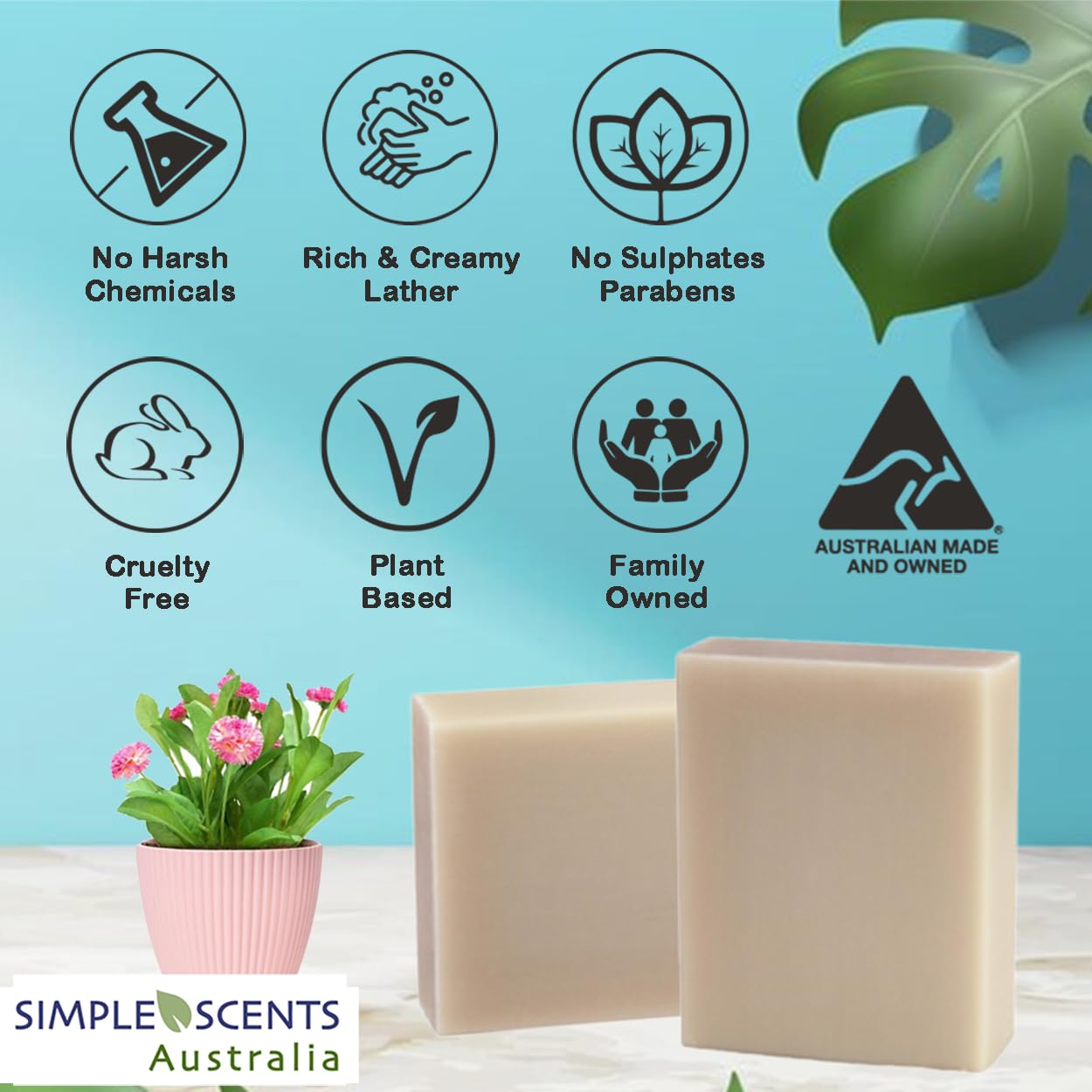 Simple Scents Australia Cocoa Butter Scented Natural Soap Bars (6 Bars), 3.5oz Moisturizing French Triple Milled Soap Bars Enriched with Shea Butter - Pure Plant Oil Bath & Body Soap Bars