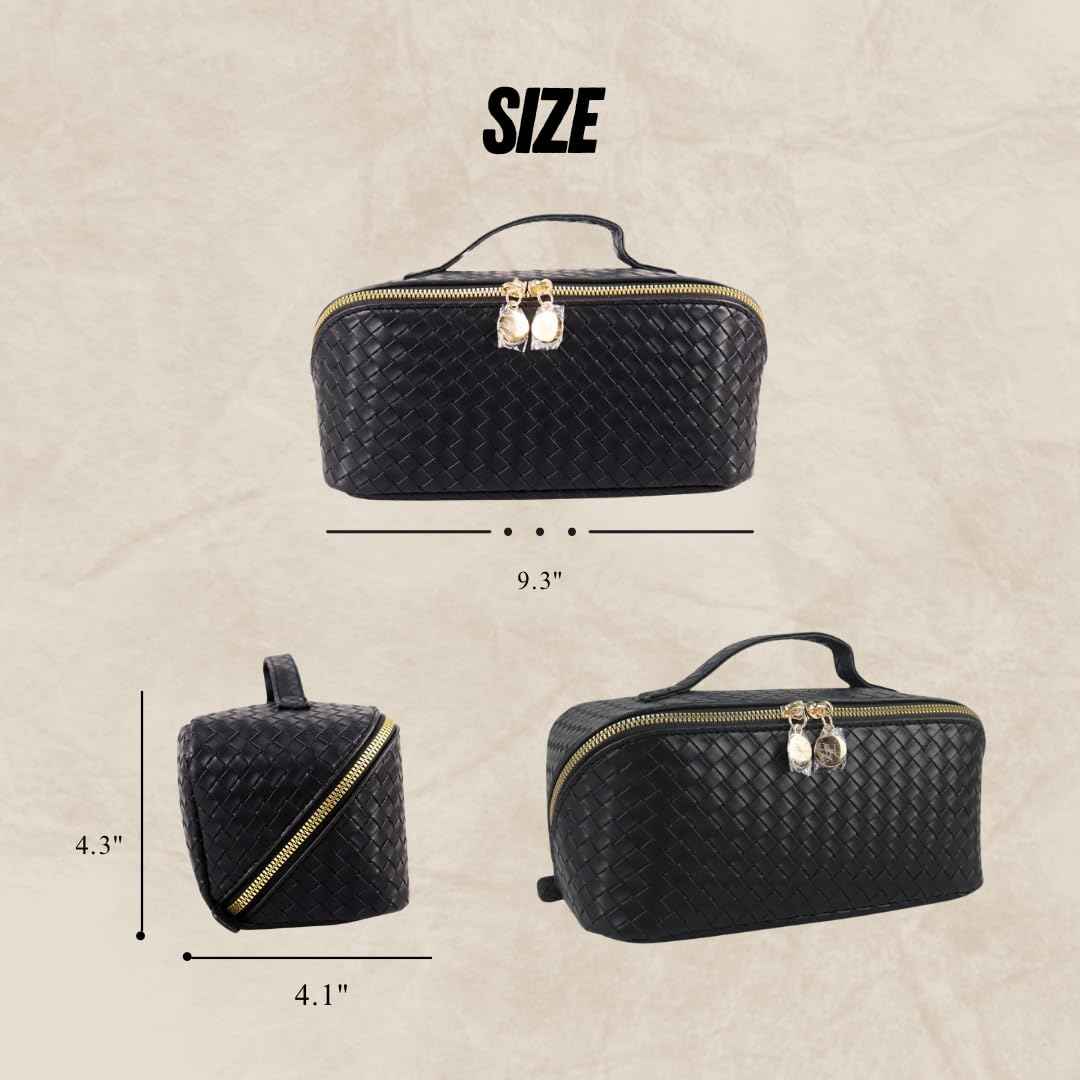 Large Capacity PU Leather Makeup Bag Organizer – Waterproof Travel Cosmetic Bag with Divider, Open Flat Design, Toiletry Bag for Women (Checkered Black)