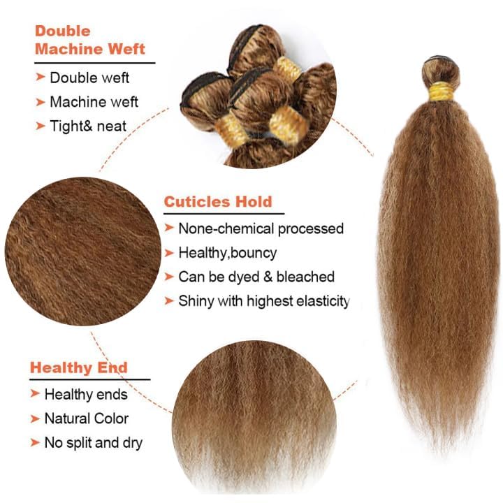 Freiuoke P430 Highlight Brown Kinky Straight Hair Bundles 16-20 Inch, 3-Pack Brazilian Virgin Human Hair Extensions