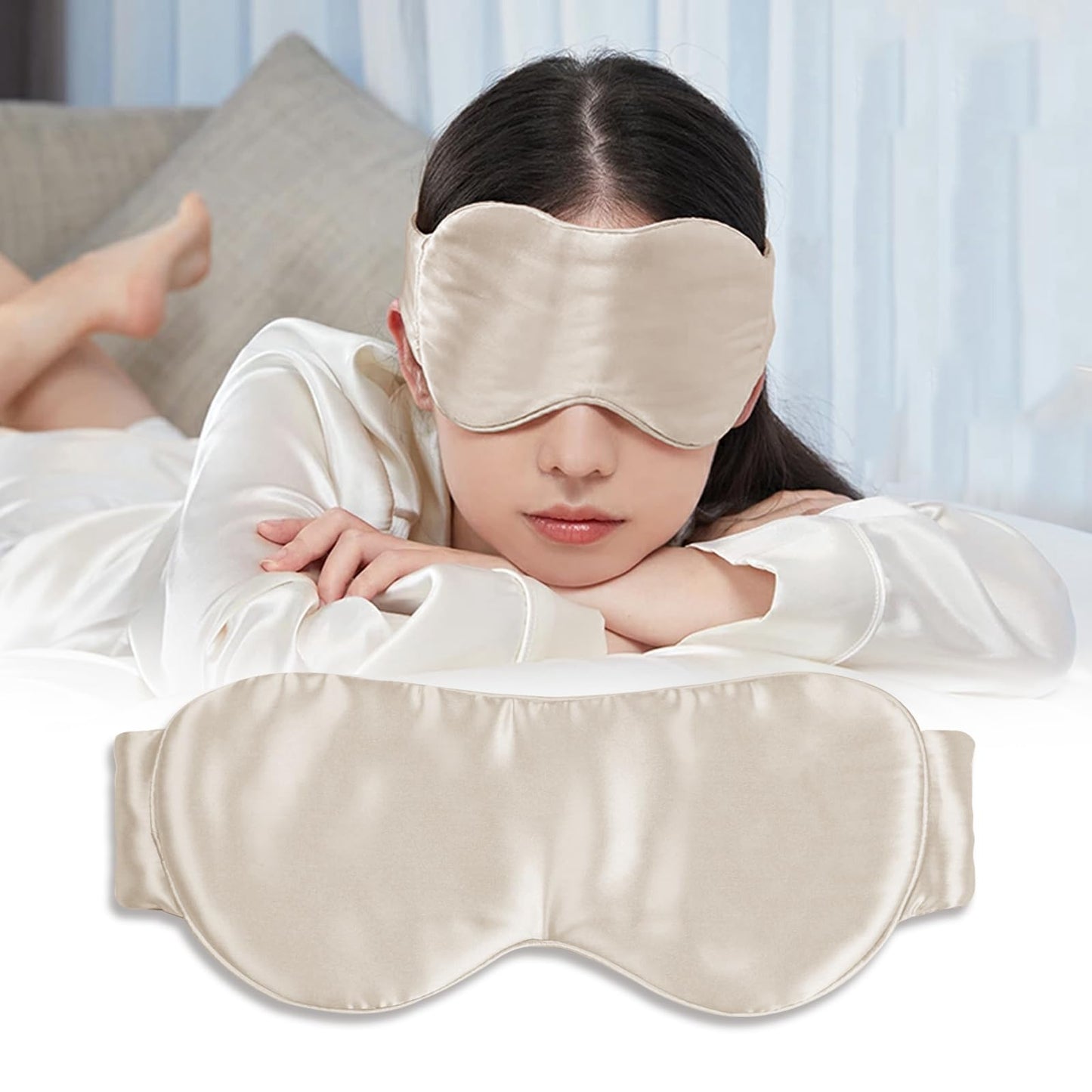 QIYUE Eye Mask for Sleeping Made of 100% Mulberry Silk, Face-Hugging Padded Silk Eye Cover for Sleeping with Adjustable Band,Silk Sleep Mask for Women Men (Champagne)