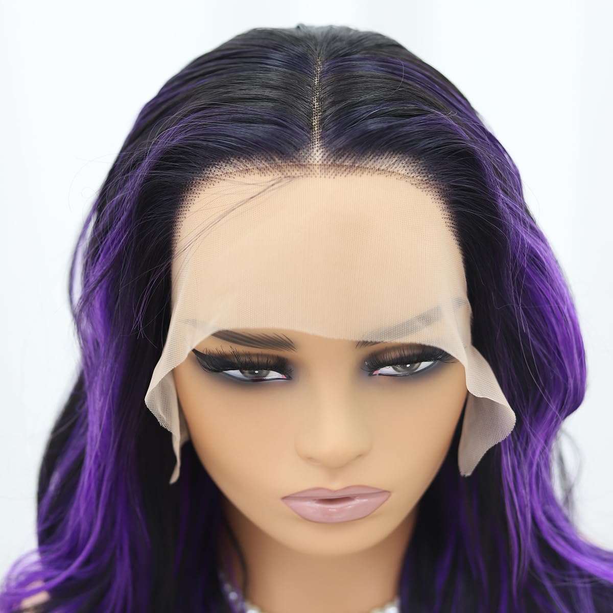 SISIFIRE Purple Highlight Lace Front Wig Pre-plucked Hairline Synthetic Heat Resistant Fiber Lace Front Wigs for Women Glueless 13X4 Inch Long Loose Curly Wavy Wigs