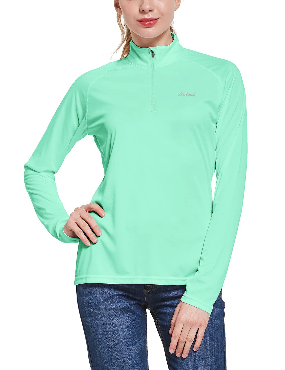 BALEAF Women's Sun Shirts 1/4 Zip Pullover UPF50+ UV Protection Lightweight Quick Dry Golf Hiking Running Workout Tops Light Green Size S