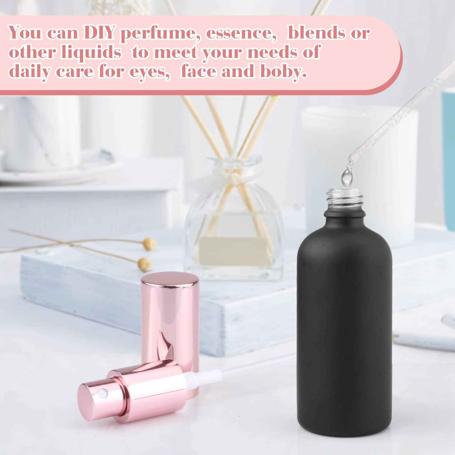 DMuuuDM 6 Pack 3.4 Oz Black Frosted Glass Spray Bottles,Empty Perfume Fine Mist Atomizer,Rose-Golden Pump Head Travel Liquid Holder Containers for Cologne,Essential Oils,Body Sprays-Funnel&Pipette