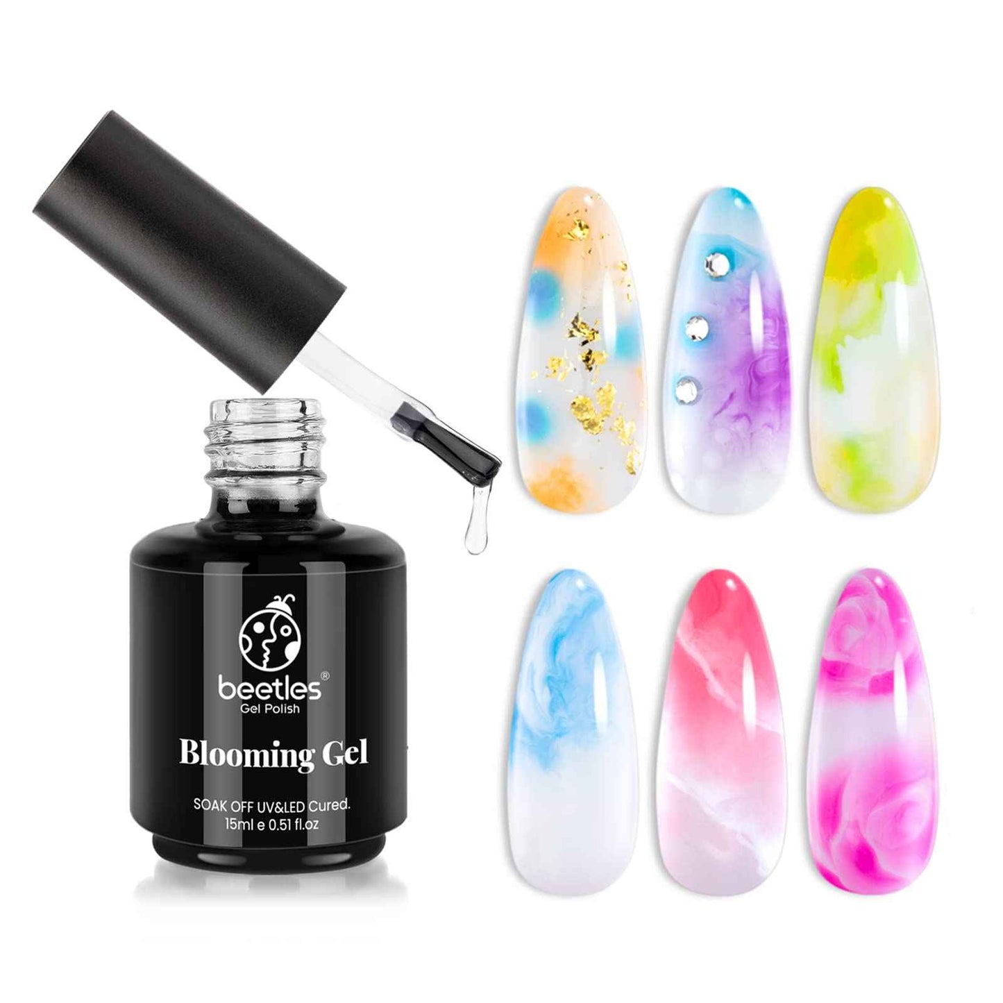 Beetles Nail Blooming Gel 15ml Clear Uv Led Blossom Gel and 2 Pcs 15ml Black White Colors Gel Polish Set