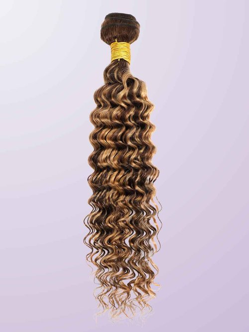 AUROO Honey Blonde Highlight Deep Wave Single Bundles Human Hair, 100% Thick Track 12A Virgin Brazilian Weaves P4/27 Balayage Ombre Brown Curly Water Wave Colored Human Hair Bundles Sew In 14 Inch