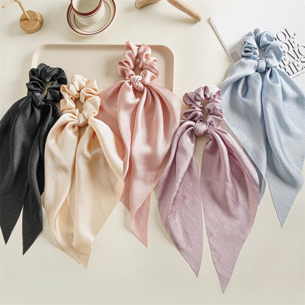 Soft Ribbed Chiffon Scrunchies and Hair Ties with Bows for Women and Girls - Black & Beige 5Pcs Set for Long Hair Ponytails and Updos