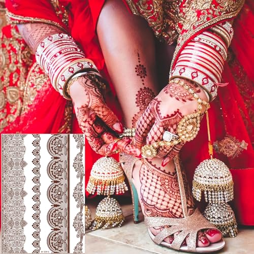 Temporary Henna Tattoo Stickers - Indian Flower Pattern Fake Tattoos for Women Body Arms Legs Hands, Halloween Costume Cosplay Wedding Beach Party Decorations 6 Pcs