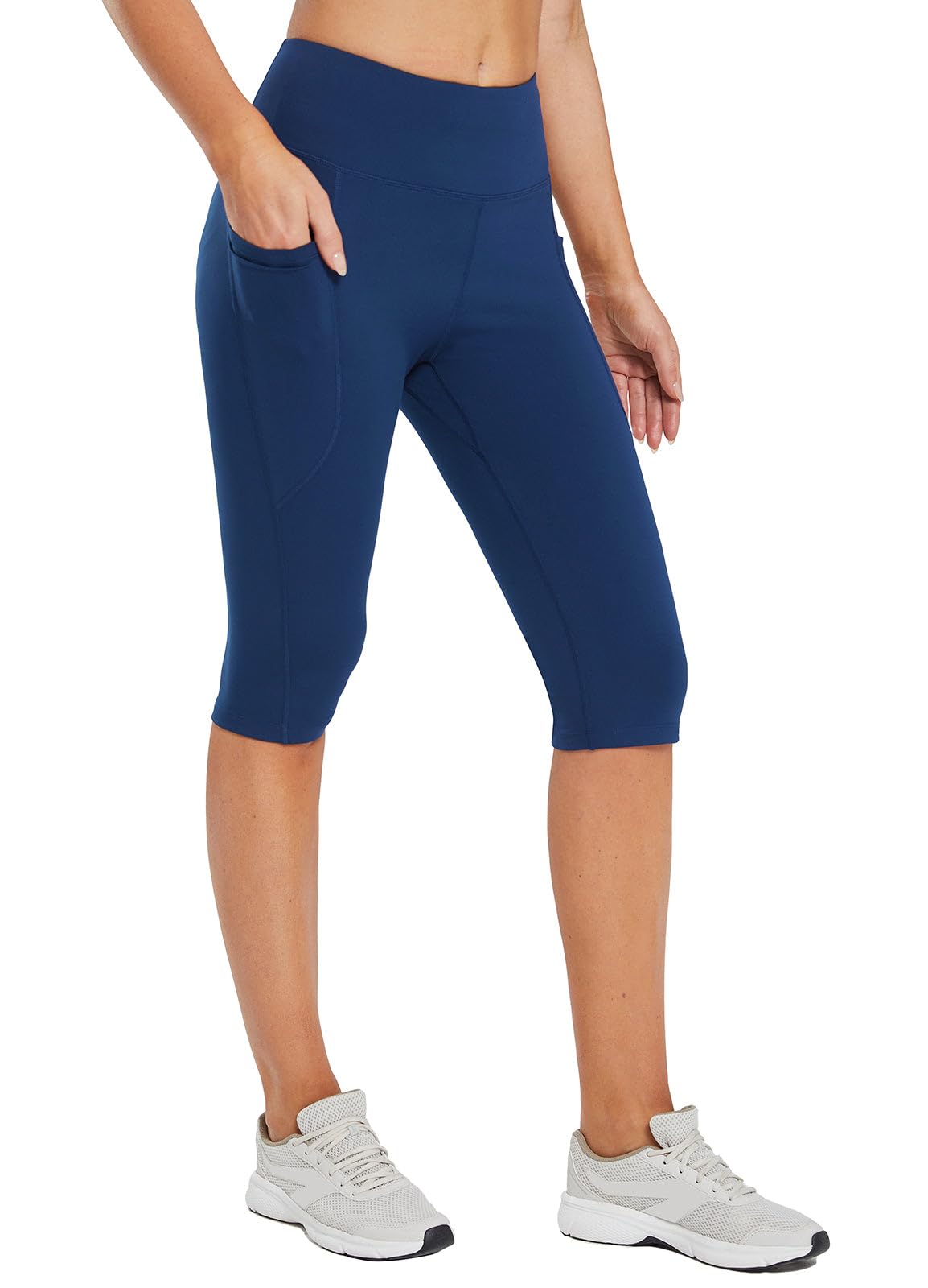 BALEAF Women's Capri Leggings Knee Length High Waisted Plus Size Yoga Casual Workout Exercise Capris with Pockets Gulf Blue XS