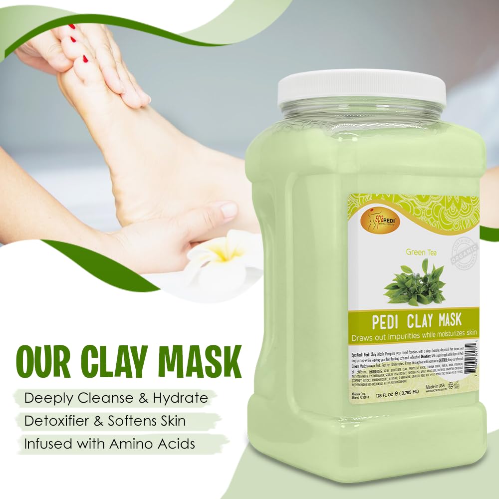 SPA REDI - Clay Mask, Green Tea 128 Oz - Pedicure and Body Deep Cleansing, Skin Pore Purifying, Detoxifying and Hydrating - Natural Bentonite Clay, Infused with, Amino Acids