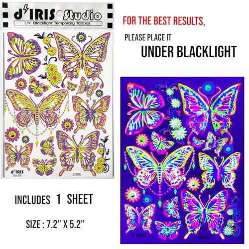 Temporary Tattoos ? 1 Sheet Butterfly Design Body Paint Art Blacklight Reactive Light Festival Accessories Glow in the Dark Party Supplies | 7.2¡± x 5.2¡± Temp Great for EDM EDC Party Rave Parties