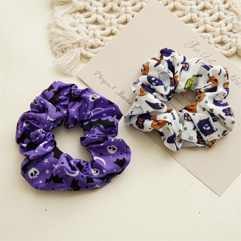 4 Packs Halloween Scrunchies Hair Ties Silk Satin Scrunchy for Hair Halloween Spooky Ghost Pumpkin Spider Bat Print Design Elastic Hair Bands Ponytail Holders Hair Scrunchy for Women Hair Accessories