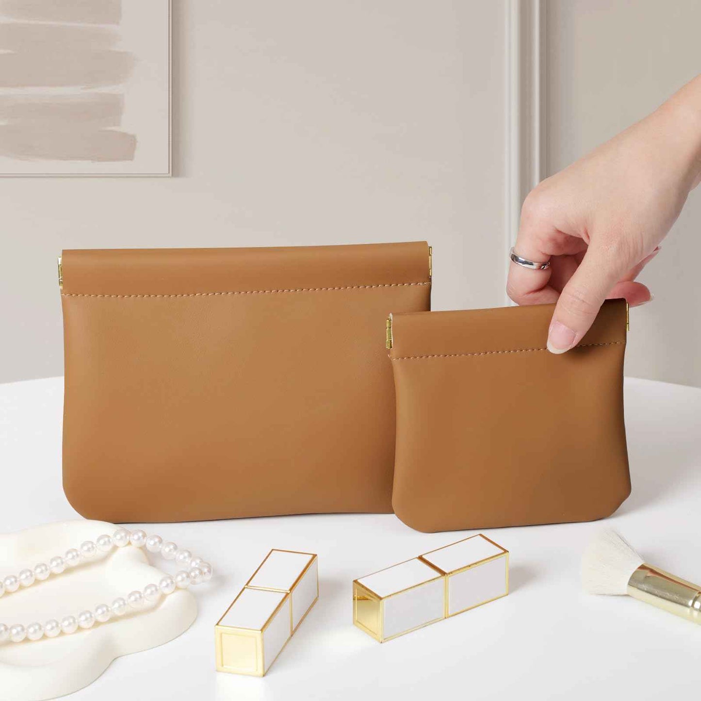 MEIBOOCH 2 Pack Small Makeup Bag for Women, New Organosilicon Super Fiber Leather Mini Cosmetic Bag for Travel, Coin Purse Organizer Storage Pouch (Brown)