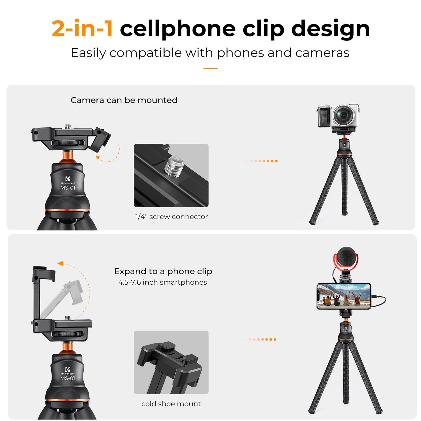 K&F Concept Mini Tripod Stand, Flexible Camera Cellphone Tripod with Bluetooth Remote, 1/4'' Screw with Phone Holder&Cold Shoe, 6.6lbs Max Load Compatible with Smartphone/Canon Nikon Sony Camera