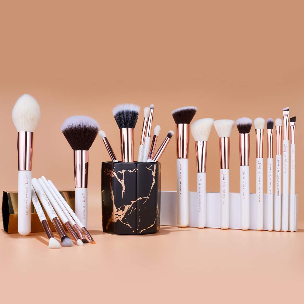 Jessup Brand 25pcs Professional Makeup Brush set Beauty Cosmetic Foundation Power Blushes eyelashes Lipstick Natural-Synthetic Hair Brushes set (Pearl White/Rose Gold)