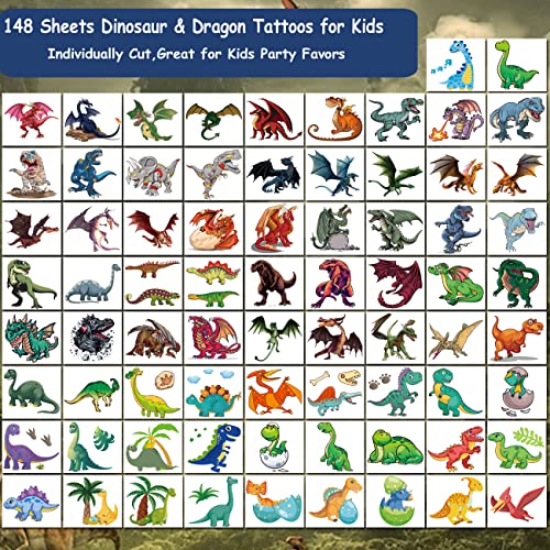CHARLENT 148 PCS Dinosaur Temporary Tattoos for Kids
