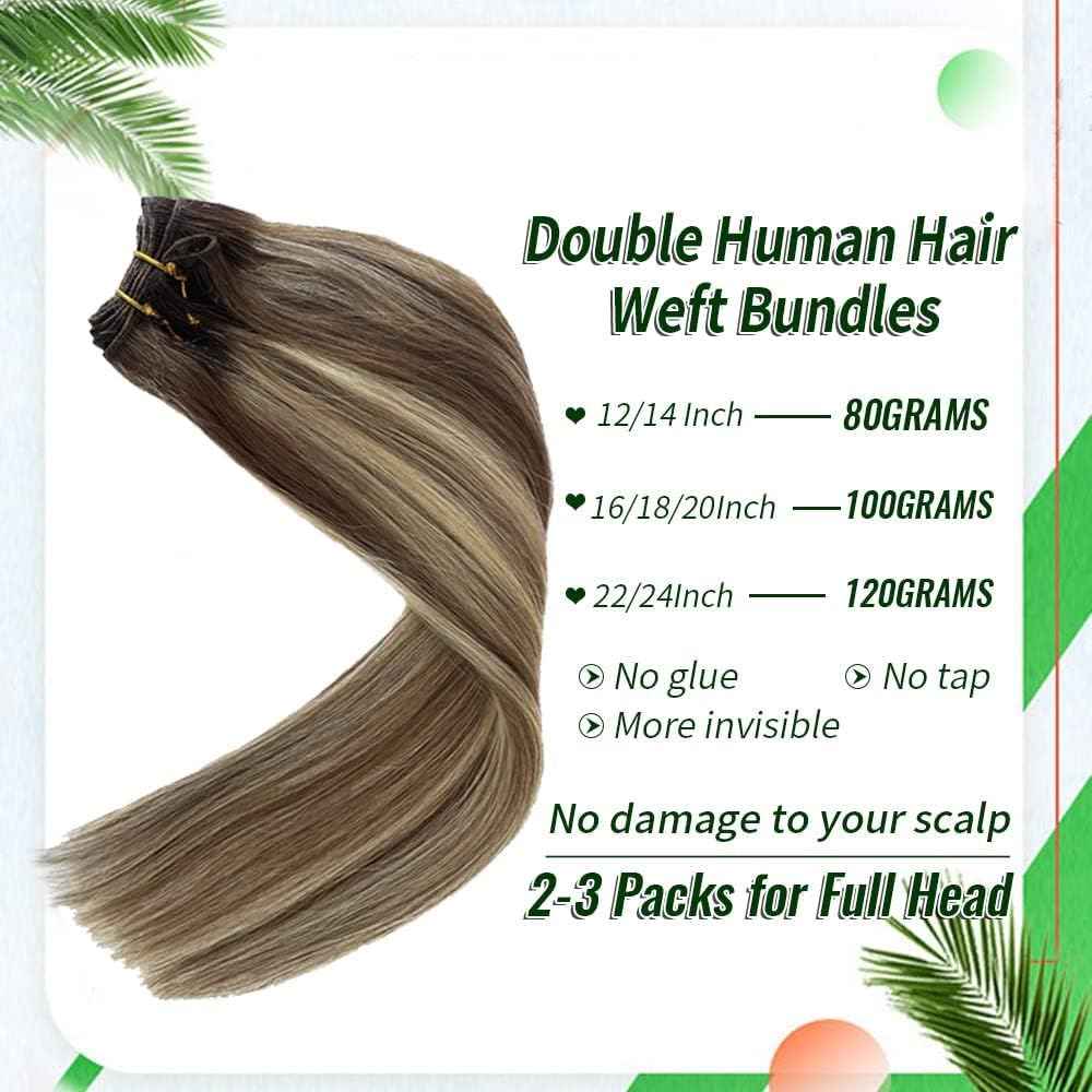 14 Inch Human Hair Extensions Sew in Hair Extensions Real Human Hair Balayage Colored Brown Roots to Ash Brown with Bleach Blonde Highlights 80g