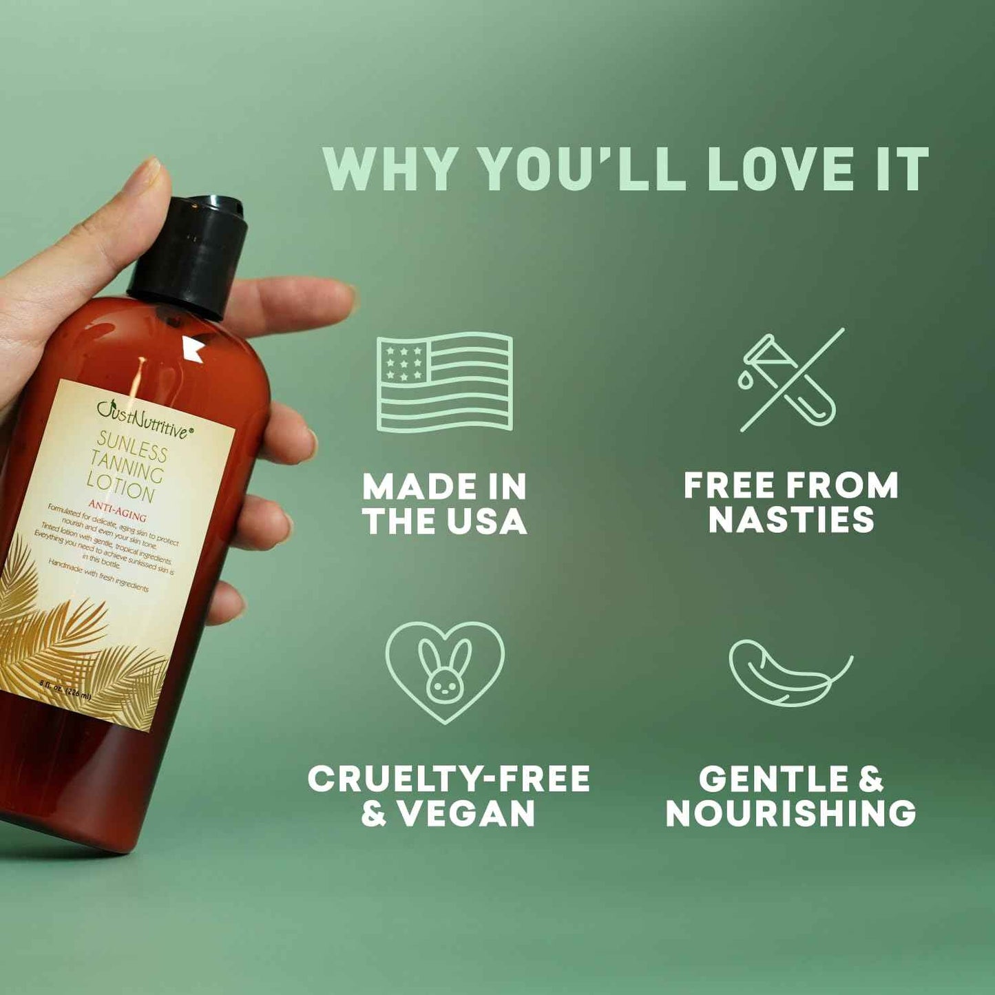 Sunless Tanning Lotion | Anti-Aging Self-Tanner | Body Tanning | Sun Kiss Glow Bronze Finish | Bronzer Lotion For All Skin Types | Just Nutritive | 8 Oz