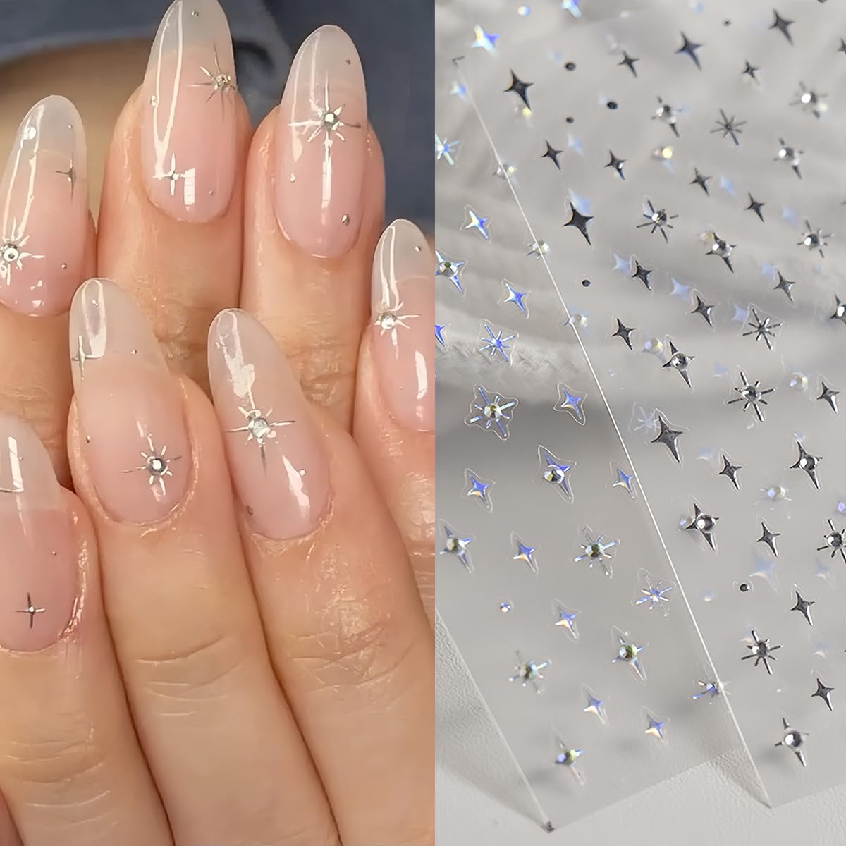 Shiny Crystal Star Nail Stickers for Nail Art, 6 Sheets Shiny White Silver Stars Nail Decals 3D Self-Adhesive Star Nail Designs Sticker Nail Tips DIY Manicure Decoration Supplies for Women and Girls