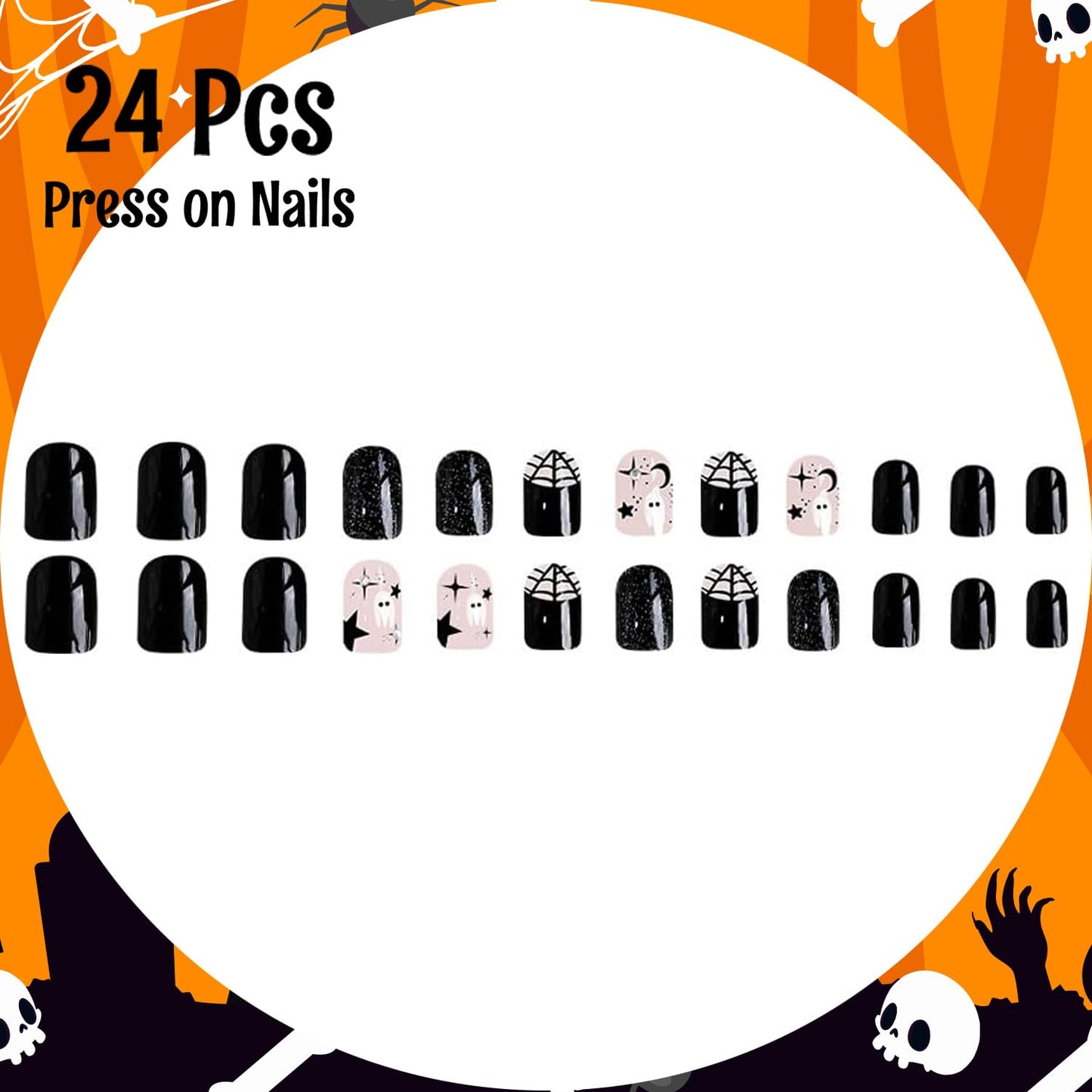 24Pcs Halloween Press on Nails Short Square Fake Nails with Silver Glitter Design Halloween Glue on Nails Full Cover Halloween Nails Stick on Nails for Women and Girls Halloween Nail Art Decoration