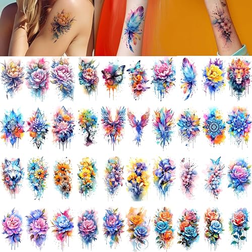 Glaryyears Watercolor Temporary Tattoos for Women Adults - Pattern A, 52 pcs