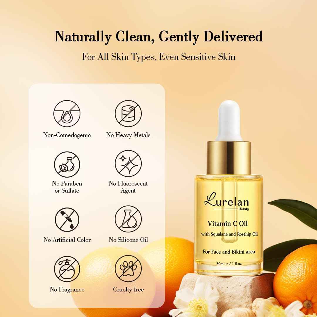 Lurelan Beauty Double Vitamin C Oil For Face and Bikini Area - Brightening Oil with Squalane, Rosehip, Vitamin E, Non-Comedogenic, Vegan, for All Skin Types (Face oil)
