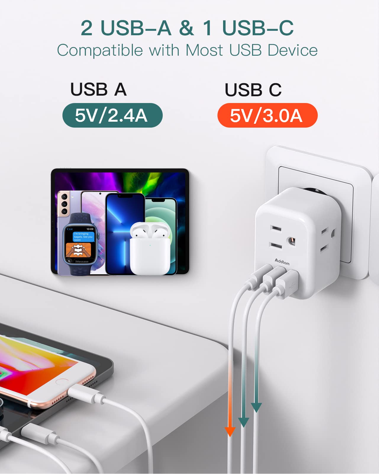 2 Pack European International Power Plug Adapter with 3 Outlets 3 USB Charging Ports(1 USB C), Travel Essentials to Italy,Greece,Israel,France, Spain (Type C)