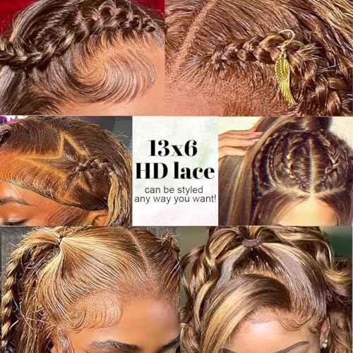 SFD 13x6 Ombre Lace Front Wig Human Hair 220% Density Blond Highlighted Wig Human Hair pre plucked Brown Highlighted Wigs Body Wave 4/27 Highlight Lace Front Wigs 28inch