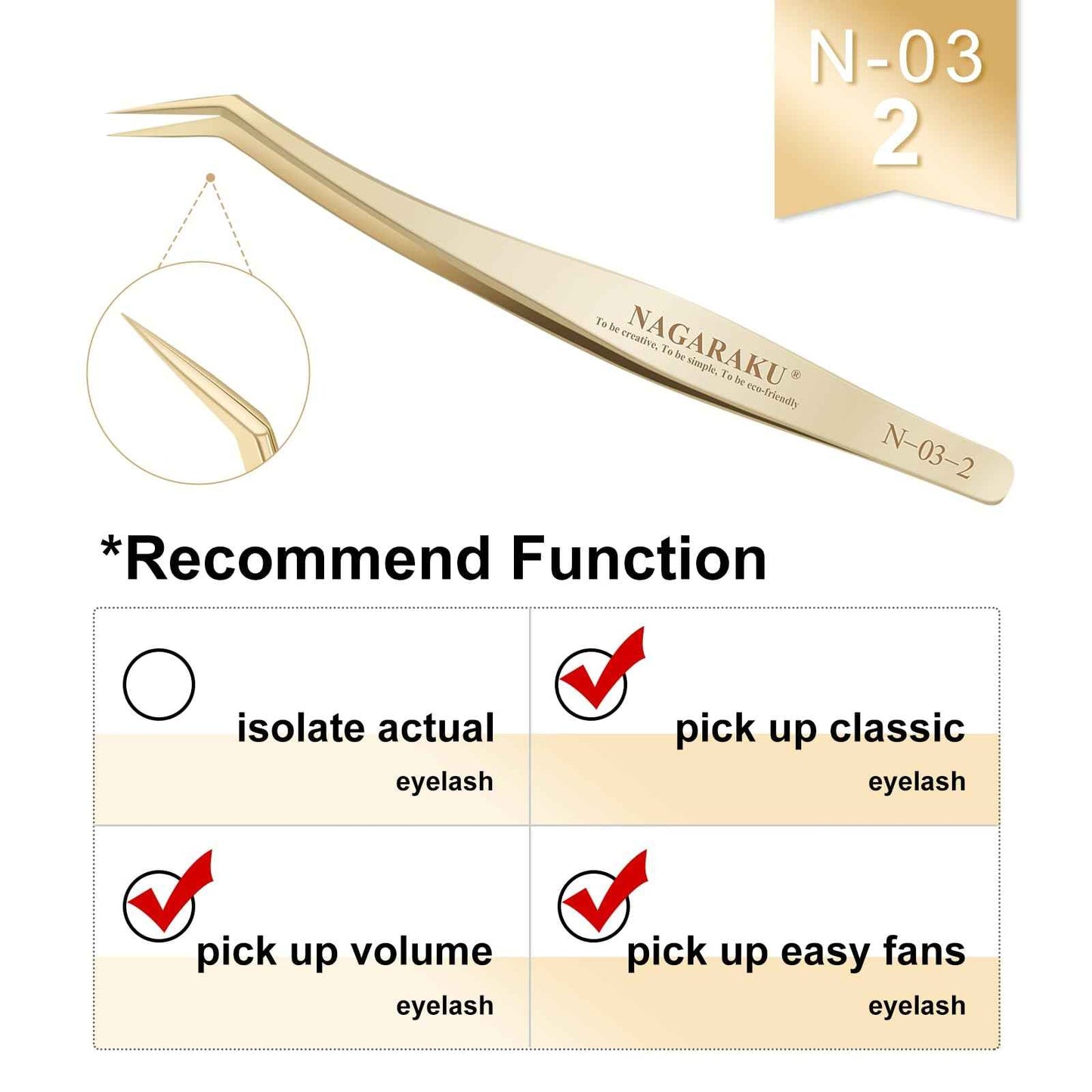 NAGARAKU Eyelash Extension Tweezers Gold Straight Curved Angled Long tip Volume Cluster Light Weight Easy Fanning Tweezer Stainless Steel Precision 1 Pair Lash Applicator Tool (N-02-2 & N-03-2)