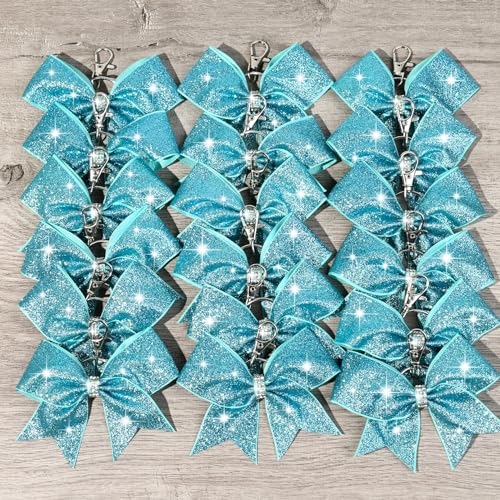 18PCS Cheer Bow Keychain Glitter Bow Keychain Hair Bow for Girls Rhinestones Sequin Bow School Senior Cheer Bow Accessories for Teen Softball football Cheerleader (Glitter Lake Blue)