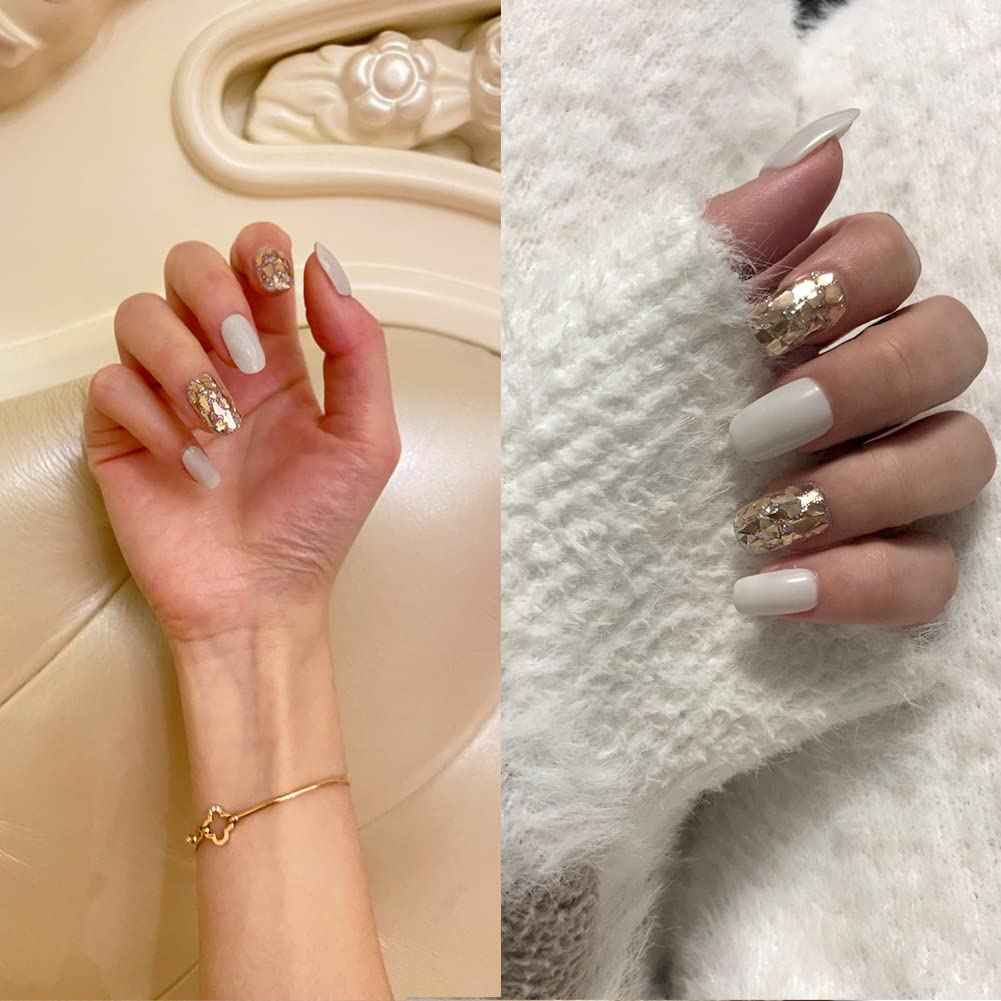 LIGHT RAIN Medium Press on Nails - Paris, Luxury Bling Reusable Seven Layers Gel UV Finish False Nails, Handmade Nail Art with Design by Licensed Manicurist, Medium Square Shape, Large Size