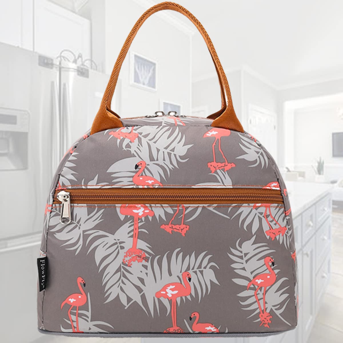 FlowFly Insulated Reusable Lunch Bag Adult Large Lunch Box Lunch Tote for Women and Men,With Front Pocket, Tropical