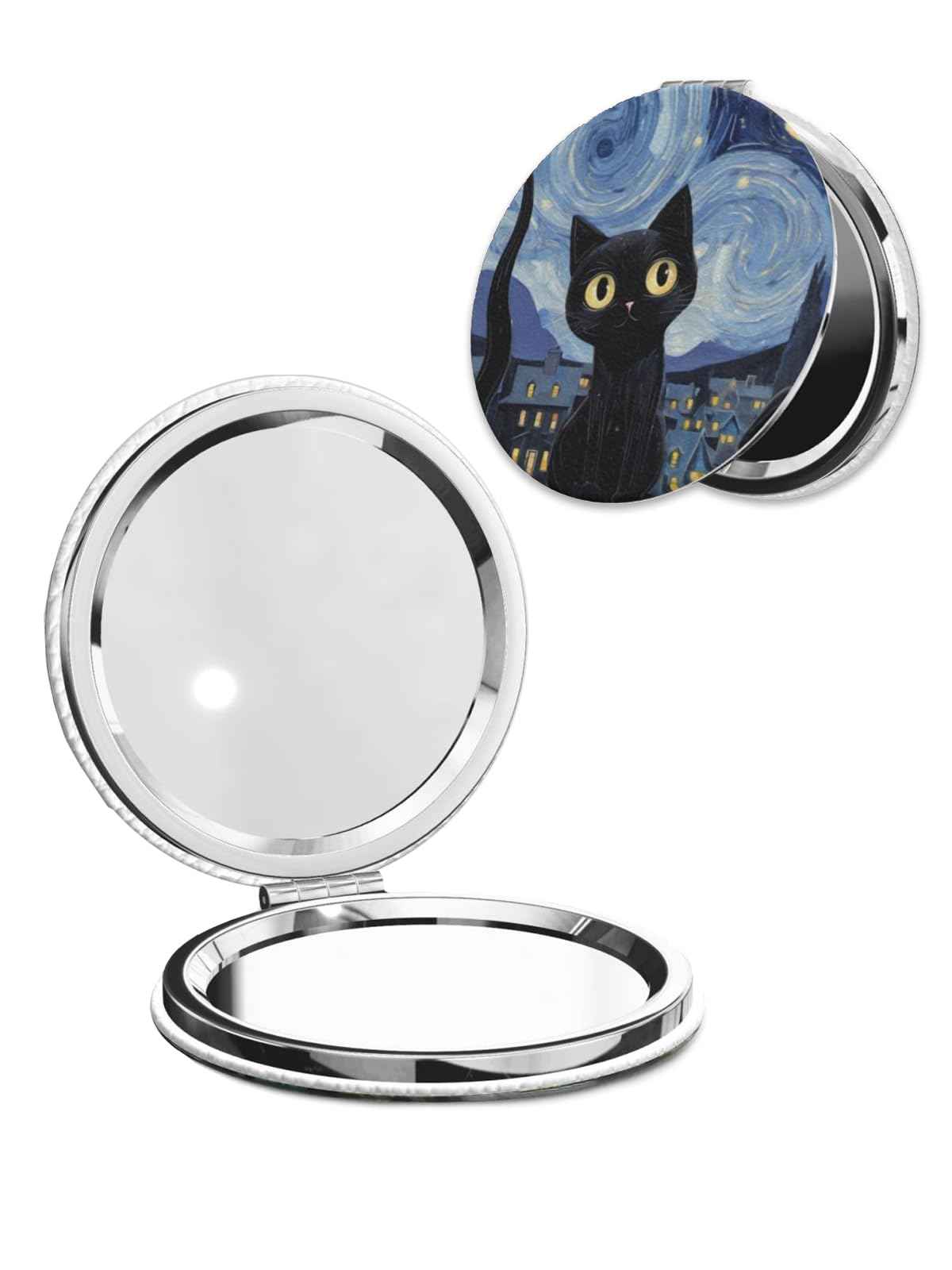 LOPIOIO Compact Pocket Mirror, 1X/2X Magnifying Round Mirror for Girls Women, Portable Pu Leather Makeup Mirror for Handbag, Purse, Travel - Starry Night Cat