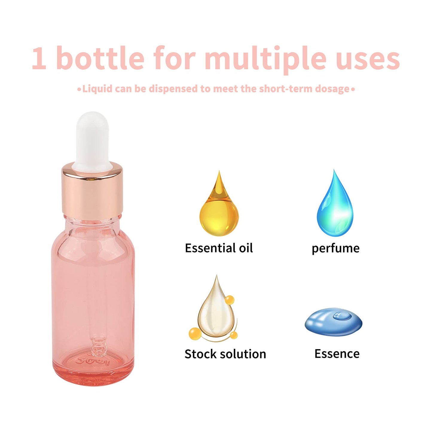 Kesell 7 Pack 20ml Pink Dropper Bottles, Empty Refillable Glass Sample Vials Essential Oils DIY Perfume Travel Container, With Rose-Gold Cap And 3 Funnels