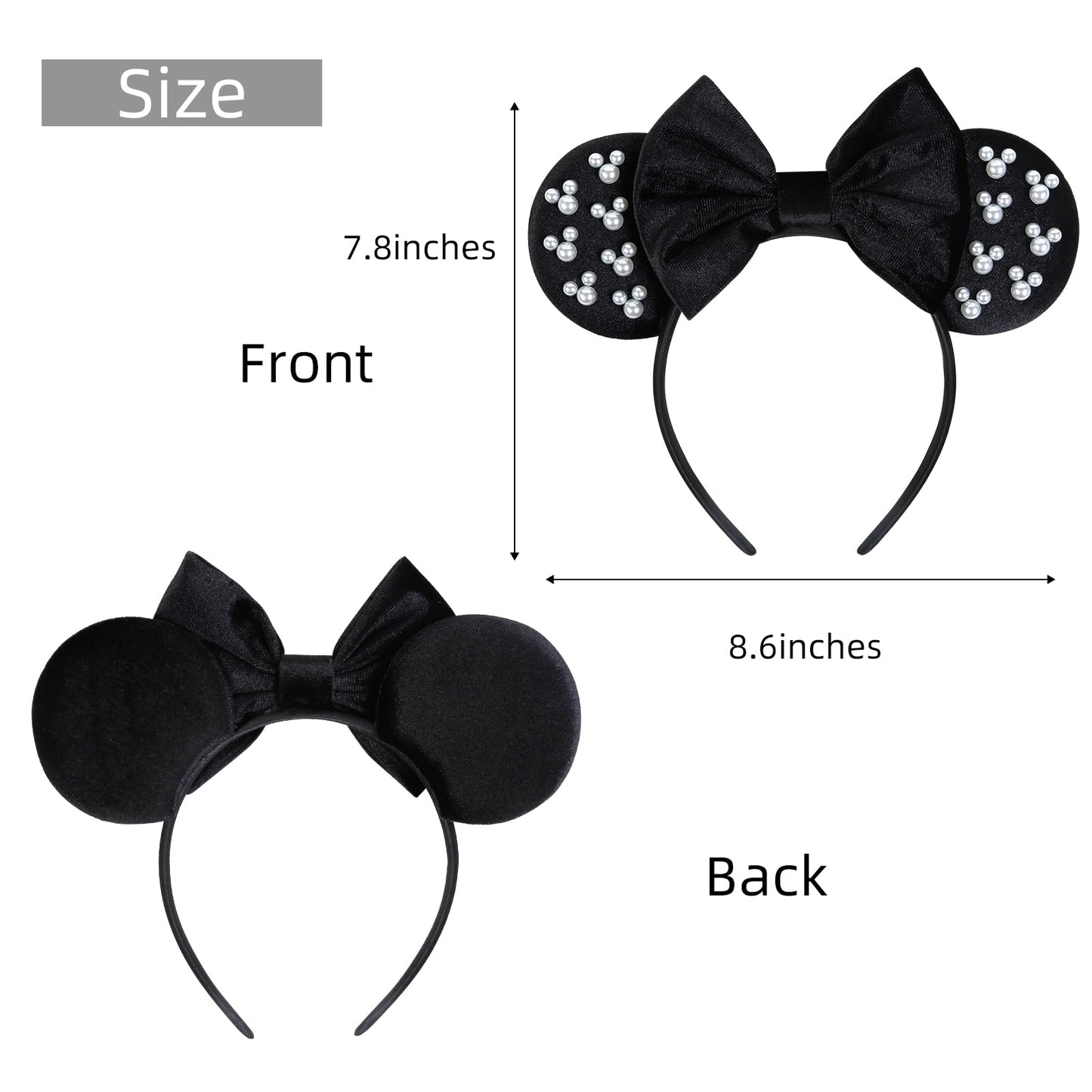 WOVOWOVO Mouse Ears Headbands for Women Girls Black Bow Pearl Hairbands Velvet Headband Christmas Cosplay Costume Princess Party Decorations