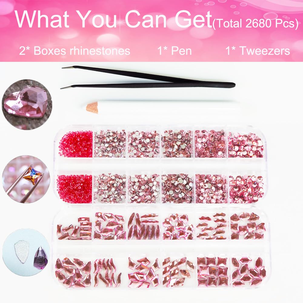 2680Pcs Pink Rhinestones Nail Gems, 120pcs Big Pink Nails Charms with Pink Bling Flatback Round Beads, Light Pink Clear Diamond Stones Jewelry Supplies for DIY Face Eyes Makeup Crafts Decoration