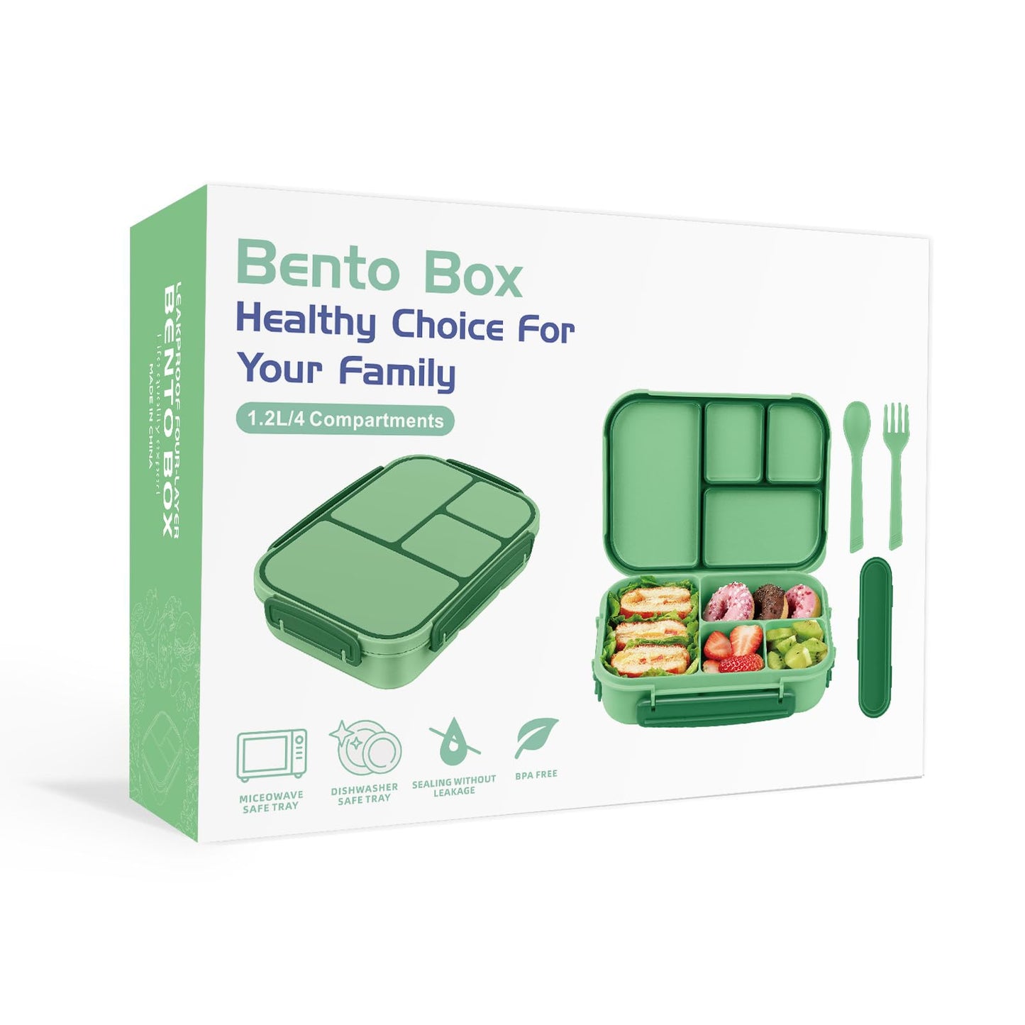 Amathley Lunch Box Kids,Bento Box Adult,Leakproof Lunch Containers for Adults/Kids/Toddler,1200ML-4 Compartments bento Lunch box with Utensil,Microwave & Dishwasher & Freezer Safe (Cyan)