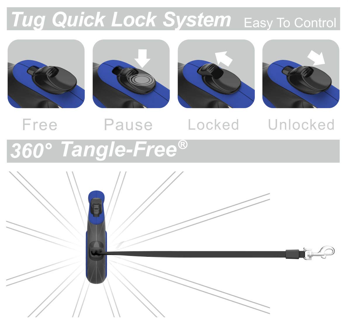 TUG 360° Tangle-Free Retractable Dog Leash with Anti-Slip Handle | 16 ft Strong Nylon Tape | One-Handed Brake, Pause, Lock (Small, Blue)