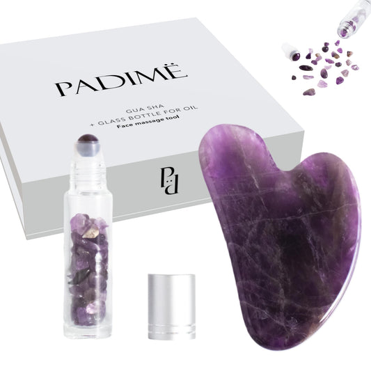 Padime 2 pcs | Premium Set Massage 2-in-1 | Amethyst Gua Sha + Glass Bottle for Oil Or Serum | Face Massage Tools for Face and Body in Beautiful Box for Gift For Women Mother Day