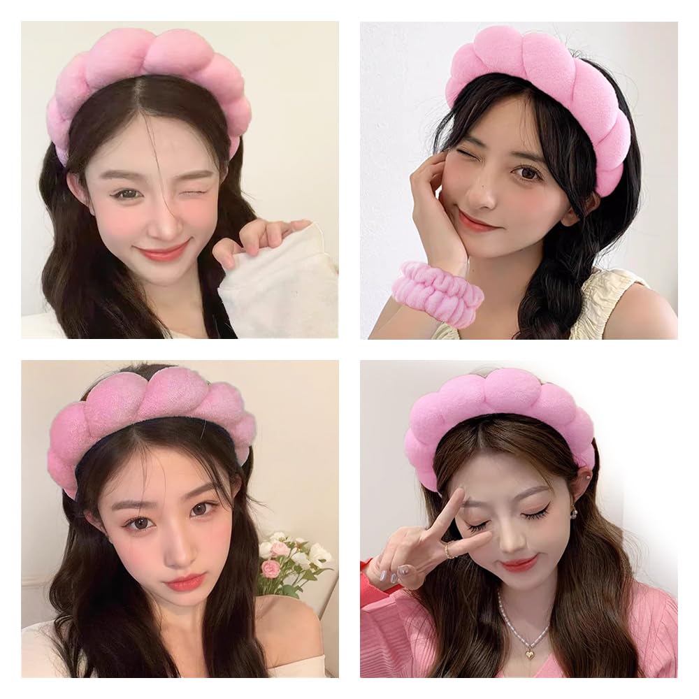 Spa Headbands for Washing Face Wristband Set Sponge Makeup Skincare Headband Wrist Towels Bubble Soft Terry Towel Cloth Hairband for Women Puffy Headwear Non Slip Thick Hair Headwear (Pink)