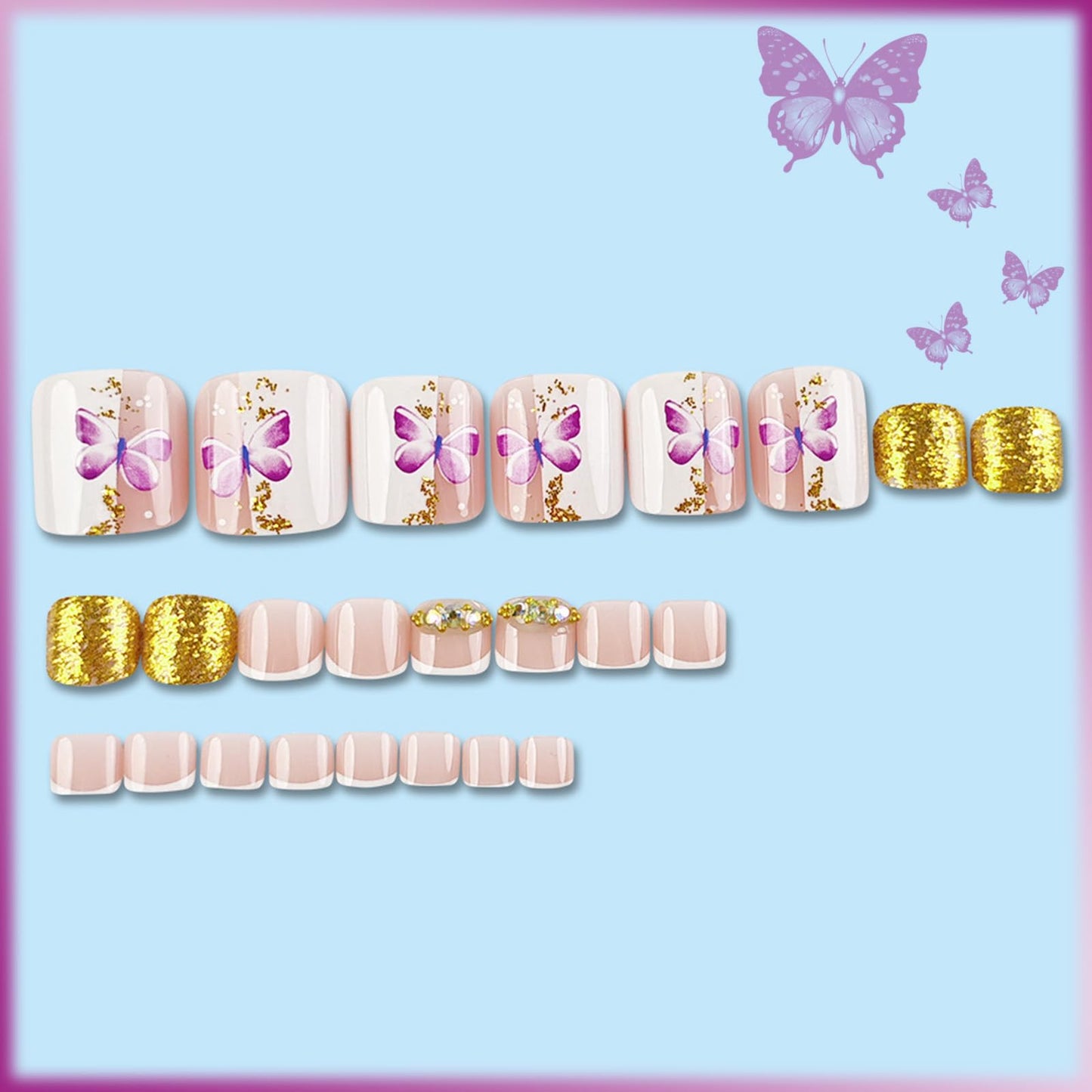 24Pcs French Tips Press on Toenails with Butterfly Design Glossy Gold Glitter Acrylic Short Square Fake Toe Nails Gel Glue on Nails Rhinestones Full Cover False Toenails Stick on Nails for Women Girls